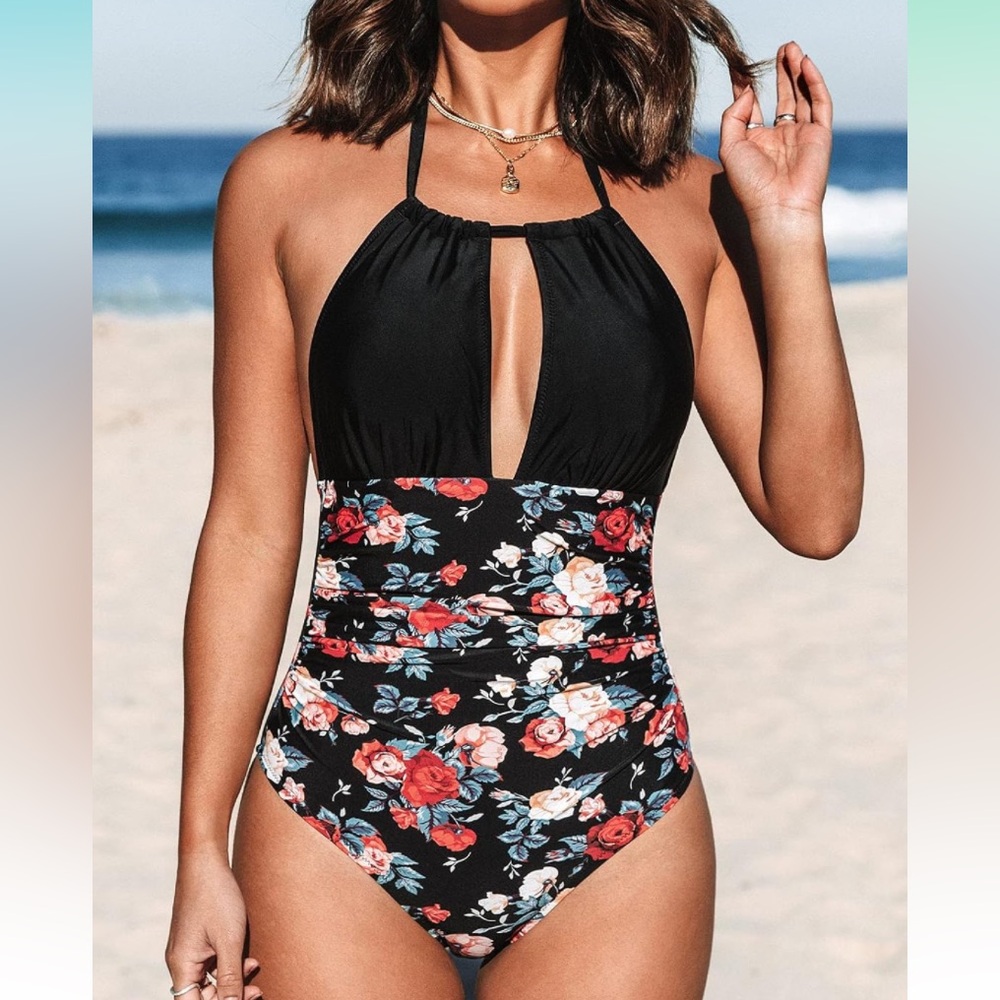 Cupshe Halter One Piece Swimsuit Black Floral Size L